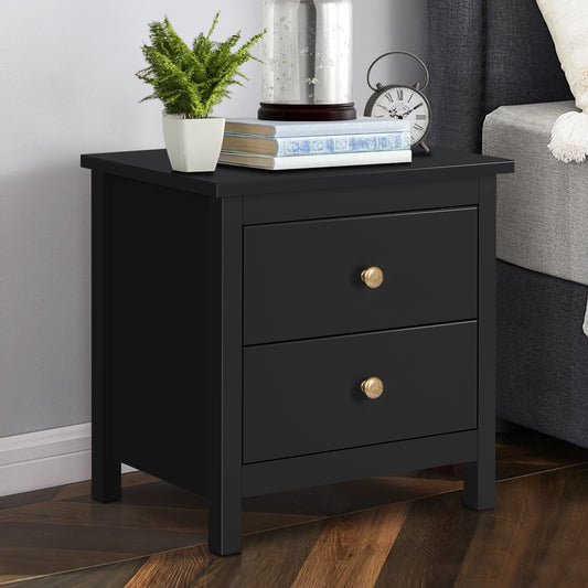ELFORDSON Bedside Table Hamptons Nightstand Storage Side End 2 Drawers Black