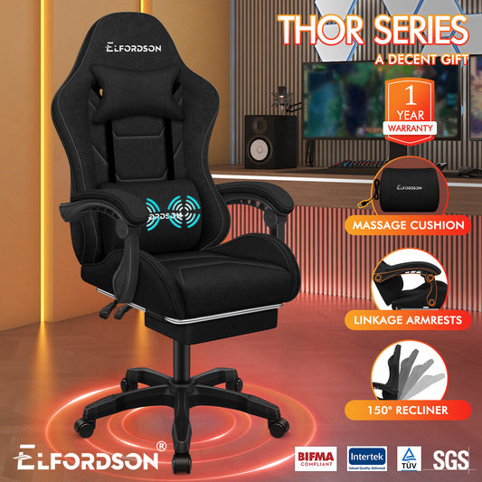 ELFORDSON Gaming Chair with 2-Point Massage Lumbar Cushion, 150° Reclining, Fabric, Black
