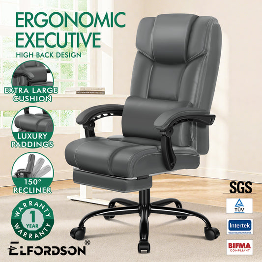 ELFORDSON Office Chair Executive Computer Gaming PU Leather Seat Recliner Grey