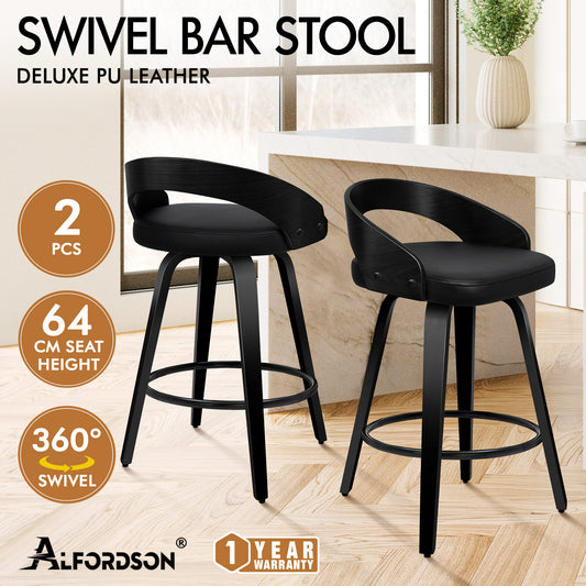ALFORDSON 2x Swivel Bar Stools Caden Kitchen Wooden Dining Chair ALL BLACK