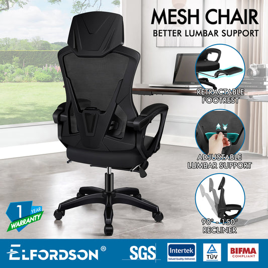 ELFORDSON Mesh Office Chair Racing Executive Fabric Seat Recliner All Black