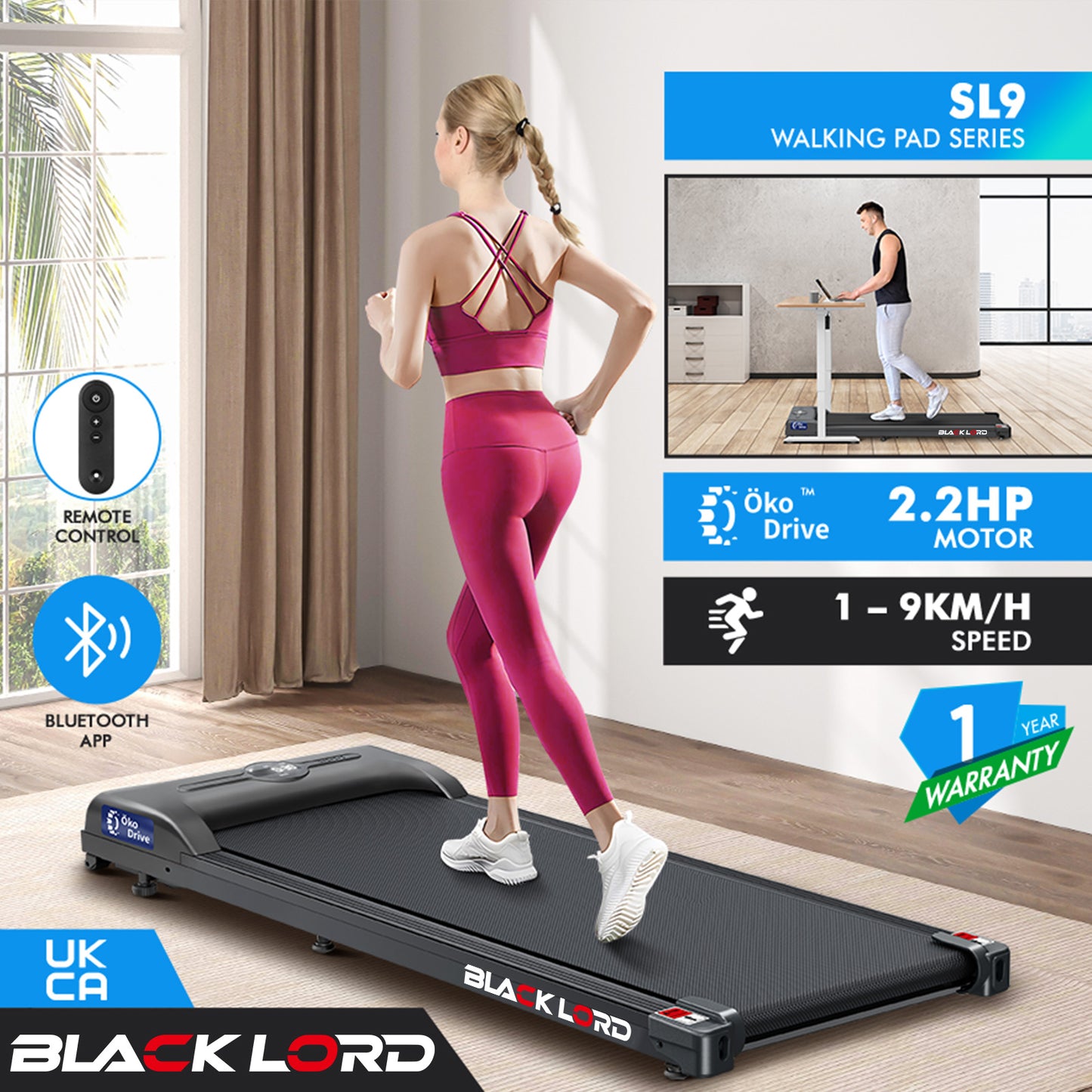 BLACK LORD Treadmill Electric Walking Pad Home Office Gym Fitness Remote Control