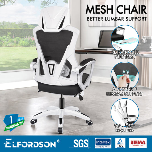 ELFORDSON Mesh Office Chair Racing Executive Fabric Seat Recliner White and Black