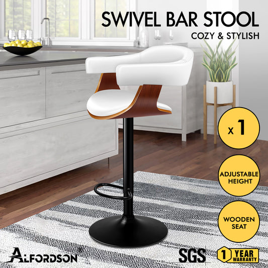 ALFORDSON 1x Bar Stool Joan Kitchen Swivel Chair Wooden Leather Gas Lift White