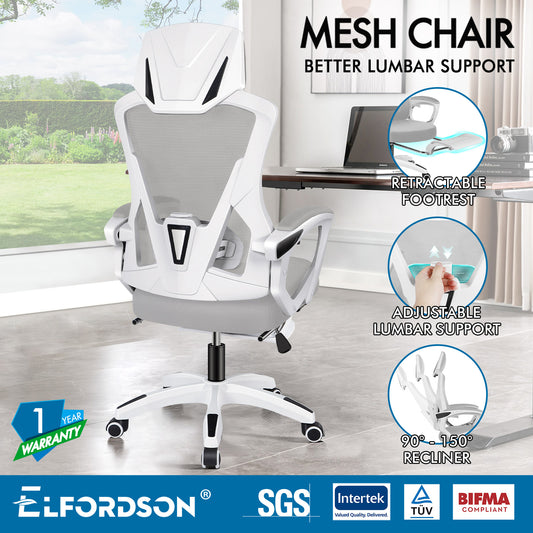 ELFORDSON Mesh Office Chair Racing Executive Fabric Seat Recliner Grey and White