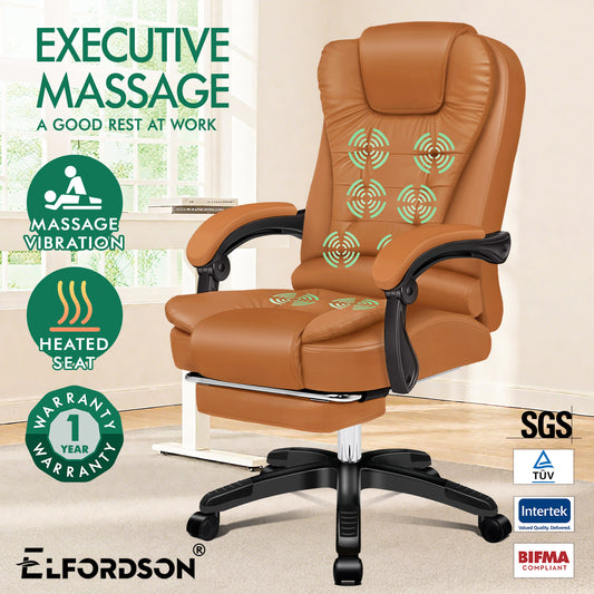ELFORDSON Office Chair with 8-Point Massage and Heat Function, Brown