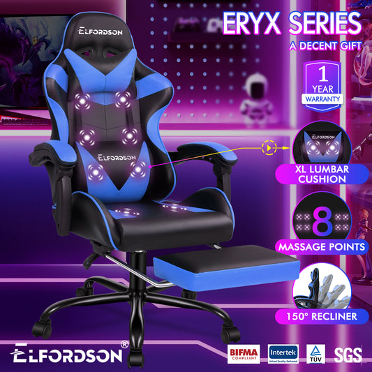 ELFORDSON Gaming Chair Office Massage Computer Racing Seat PU Leather Blue