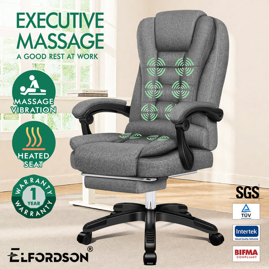 ELFORDSON Massage Office Chair Heated Seat Executive Gaming Racer, Fabric Grey
