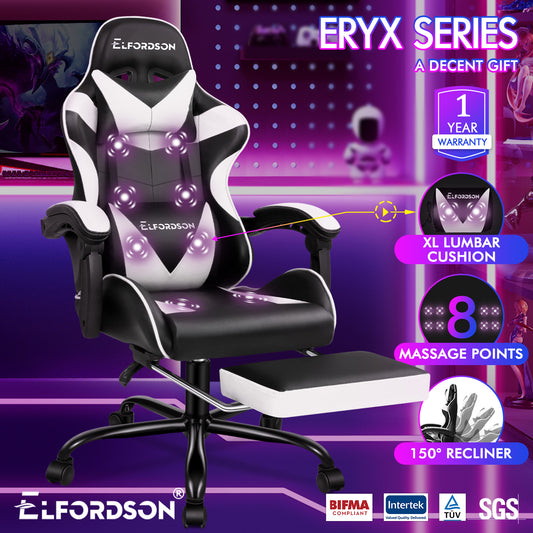 ELFORDSON Gaming Chair Office Massage Computer Racing Seat PU Leather White