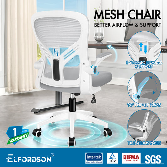 ELFORDSON Mesh Office Chair Executive Tilt Fabric Computer Work Grey and White