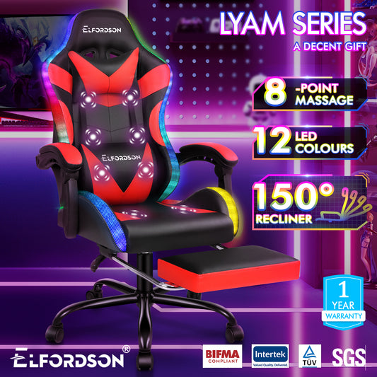 ELFORDSON Gaming Chair Office Massage 12 RGB LED Computer Seat PU Leather Red