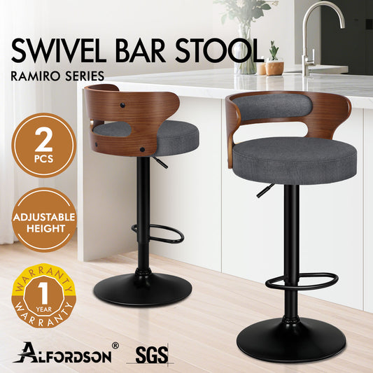 ALFORDSON 2x Bar Stool Kitchen Swivel Chair Wooden Linen Fabric Ramiro Grey
