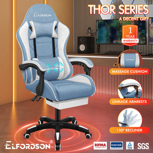 ELFORDSON Gaming Chair with 2-Point Massage Lumbar Cushion, 150° Reclining, Fabric, Blue