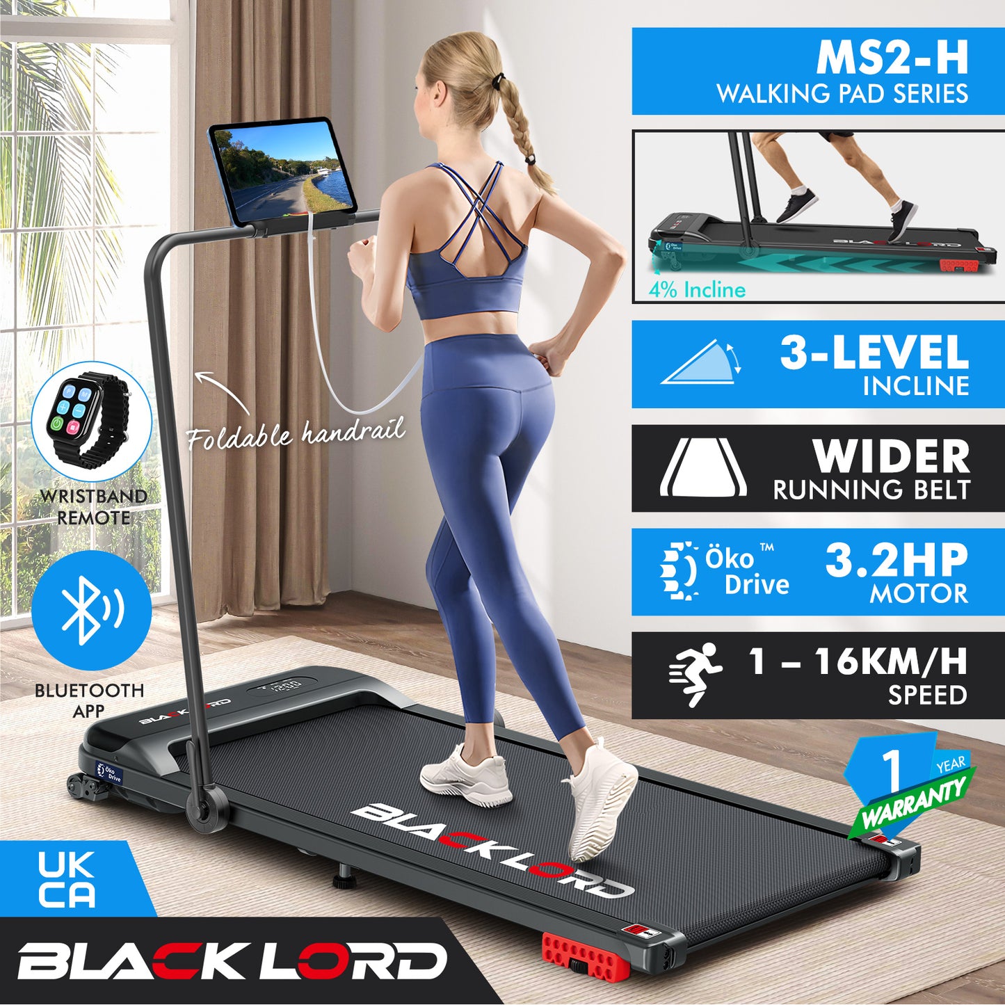 BLACK LORD Treadmill Electric Walking Pad Home Office Incline Foldable Black