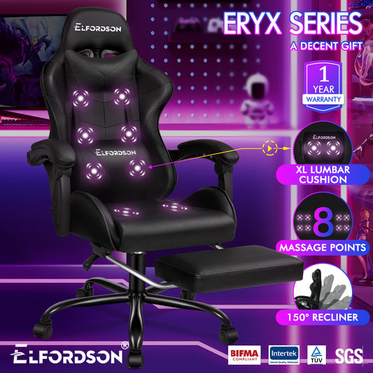 ELFORDSON Gaming Chair Office Massage Computer Racing Seat PU Leather Black