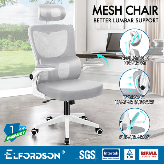 ELFORDSON Mesh Office Chair Executive Computer Fabric Tilt Grey and White