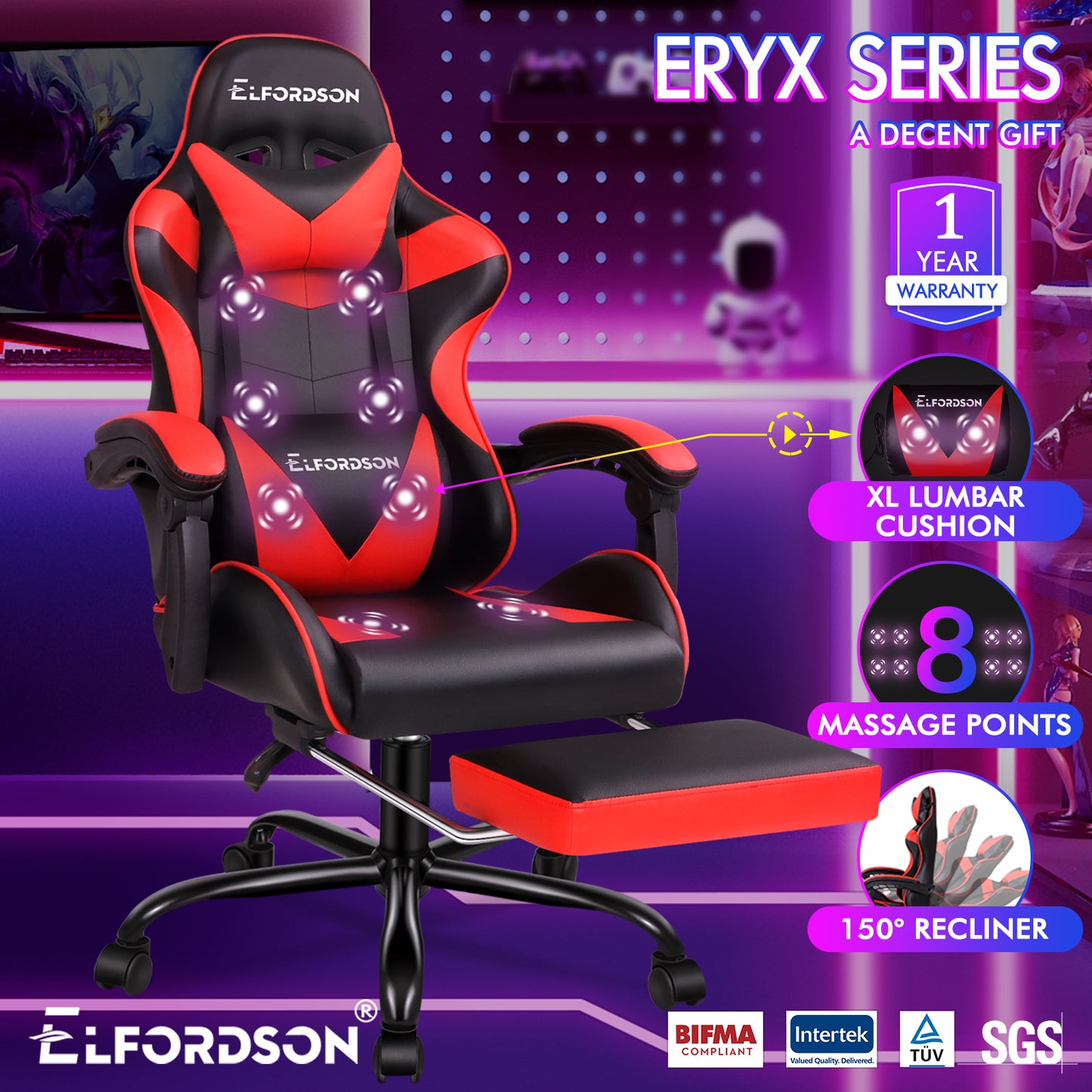 ELFORDSON Gaming Chair Office Massage Computer Racing Seat PU Leather Red