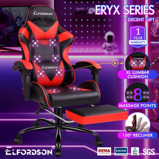 ELFORDSON Gaming Chair Office Massage Computer Racing Seat PU Leather Red