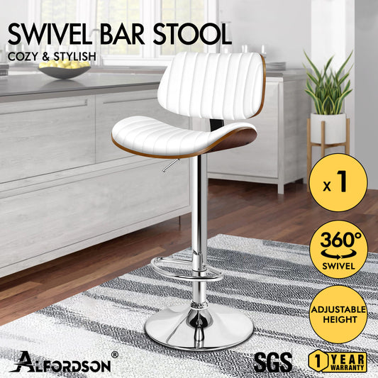 ALFORDSON 1x Bar Stool Kitchen Swivel Chair Wooden Leather Gas Lift White