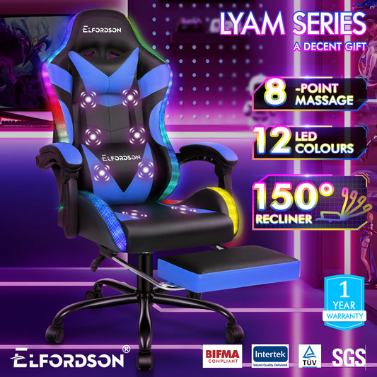 ELFORDSON Gaming Chair Office Massage 12 RGB LED Computer Seat PU Leather Blue
