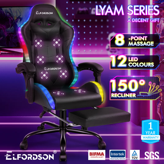 ELFORDSON Gaming Chair Office Massage 12 RGB LED Computer Seat PU Leather Black
