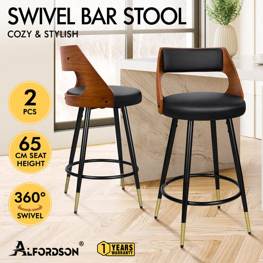 ALFORDSON Bar Stools Set of 2, 360° Swivel, Thick Padded PU Leather Seat, Black