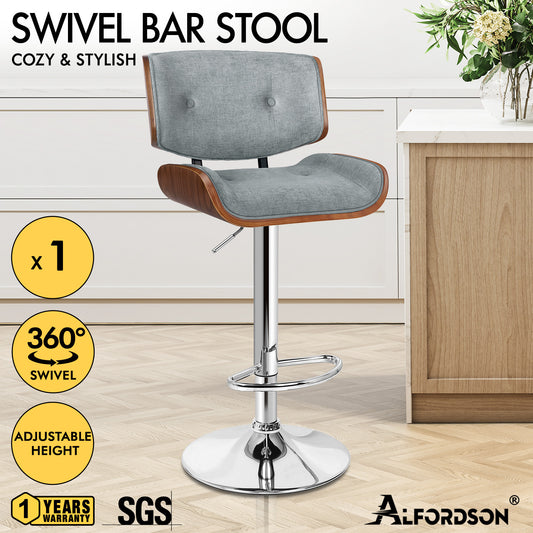 ALFORDSON Bar Stools, Wooden, 360° Swivel Linen Fabric, Grey