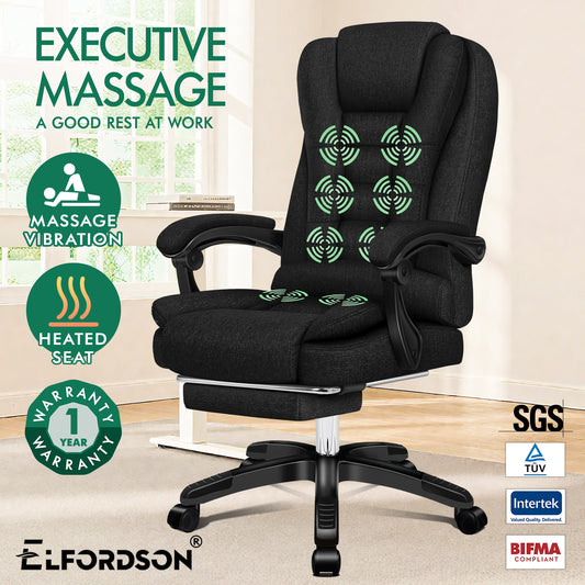 ELFORDSON Massage Office Chair Heated Seat Executive Gaming Racer, Fabric Black