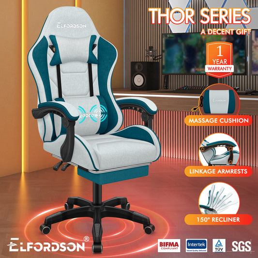 ELFORDSON Gaming Chair with 2-Point Massage Lumbar Cushion, 150° Reclining, Fabric, Dark Teal