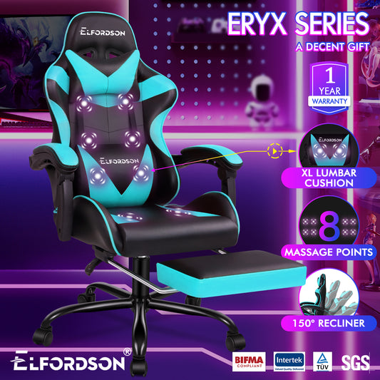 ELFORDSON Gaming Chair Office Massage Computer Racing Seat PU Leather Cyan