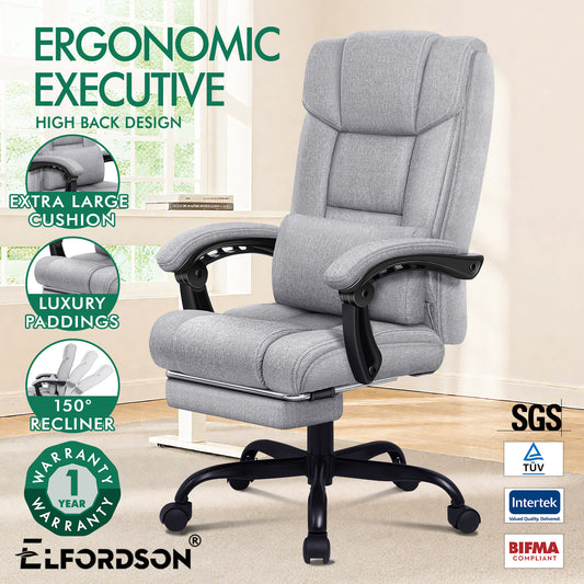 ELFORDSON Office Chair Executive Computer Gaming Fabric Seat Recliner Grey