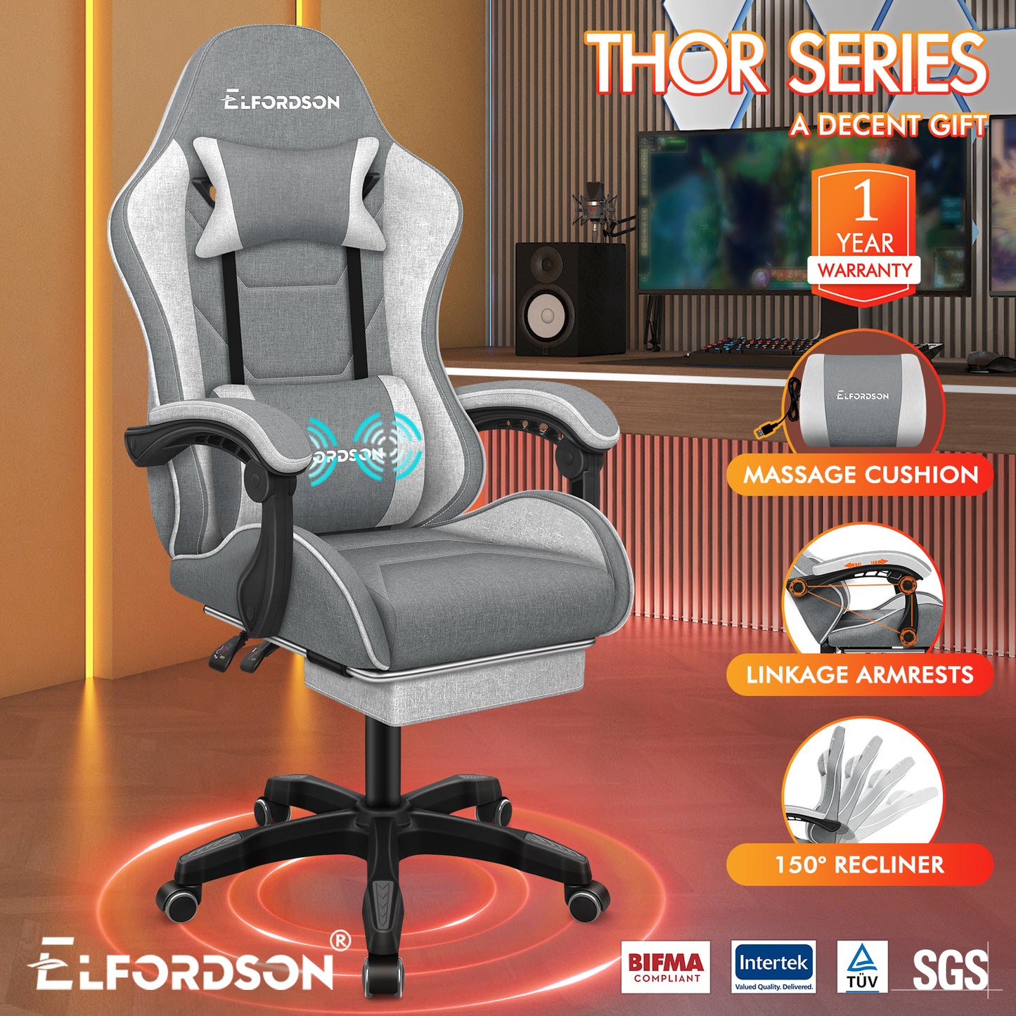 ELFORDSON Gaming Chair with 2-Point Massage Lumbar Cushion, 150° Reclining, Fabric, Light Grey