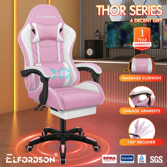 ELFORDSON Gaming Chair with 2-Point Massage Lumbar Cushion, 150° Reclining, Fabric, Pink