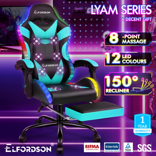 ELFORDSON Gaming Chair Office Massage 12 RGB LED Computer Seat PU Leather Cyan