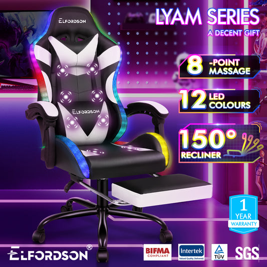 ELFORDSON Gaming Chair Office Massage 12 RGB LED Computer Seat PU Leather White