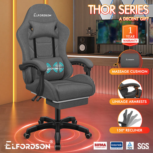 ELFORDSON Gaming Chair with 2-Point Massage Lumbar Cushion, 150° Reclining, Fabric, Dark Grey