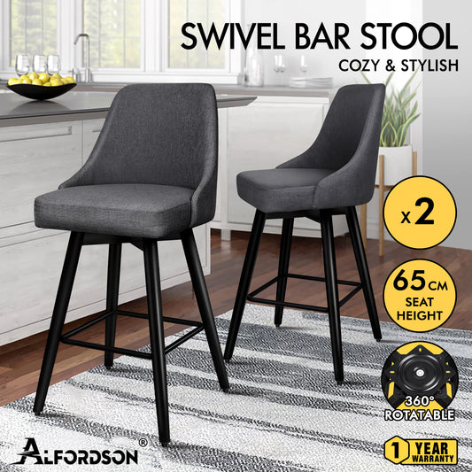 ALFORDSON 2x Swivel Bar Stools Kitchen Dining Chair Cafe Wooden DARK GREY