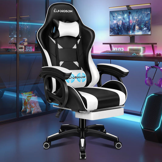 ELFORDSON Office Chair Massage Padded Recliner Swivel Footrest Computer Gaming