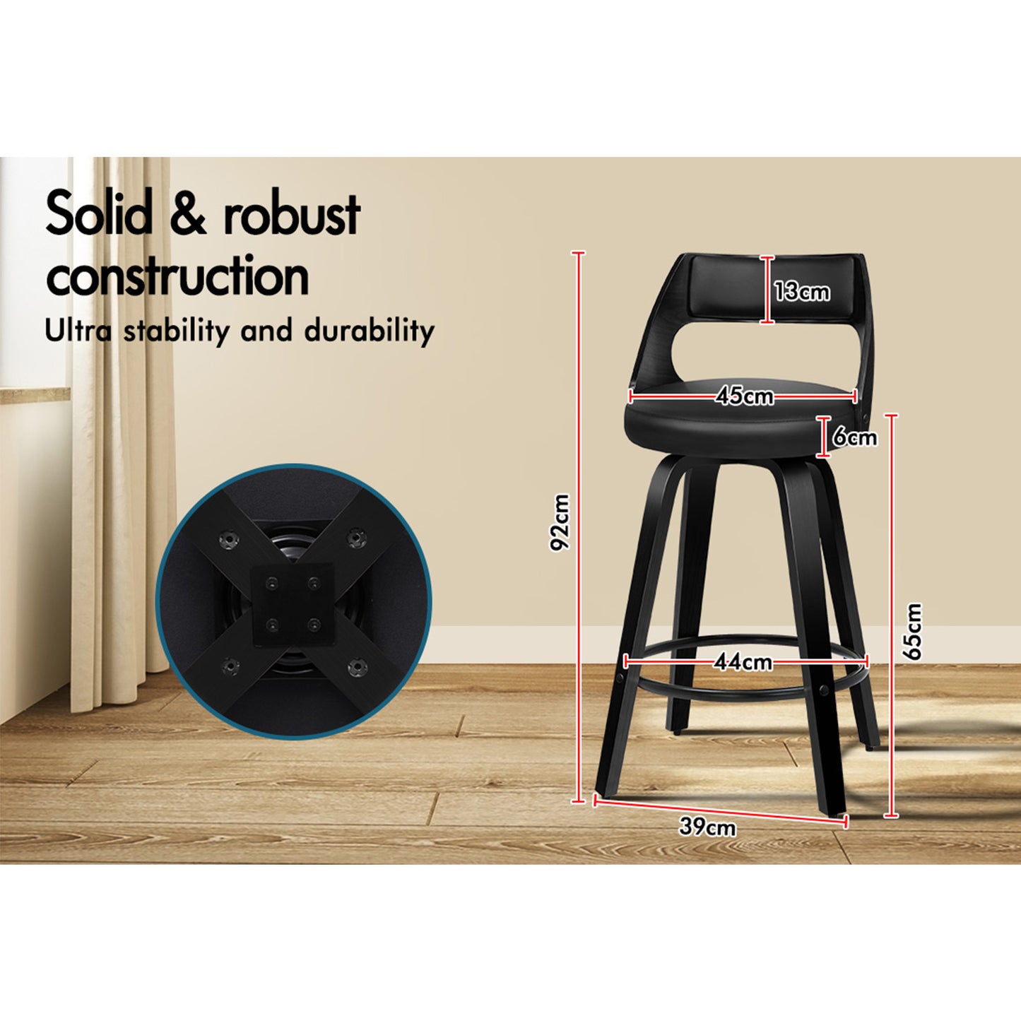 ALFORDSON 2x Swivel Bar Stools Eden Kitchen Wooden Dining Chair All Black