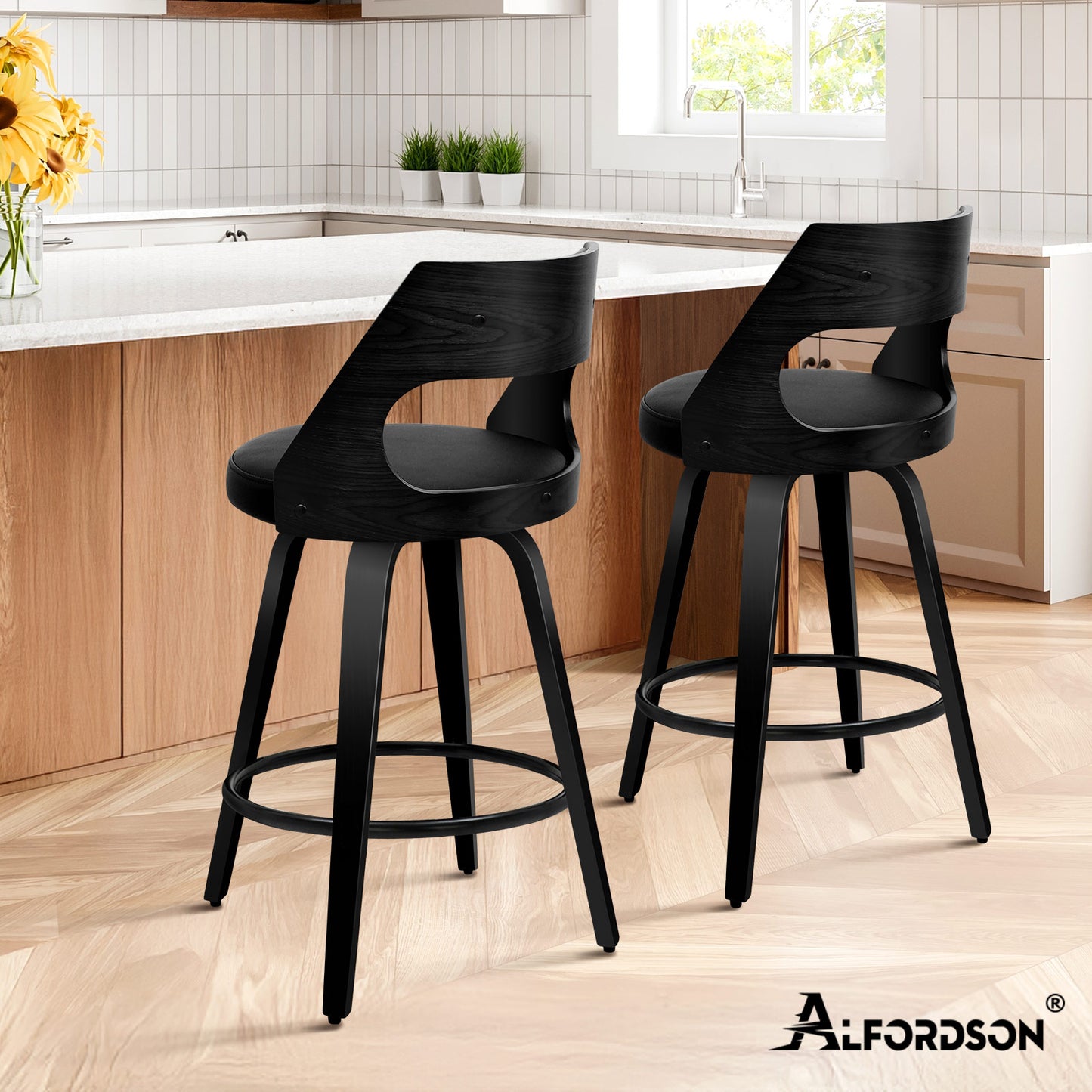 ALFORDSON 2x Swivel Bar Stools Eden Kitchen Wooden Dining Chair All Black