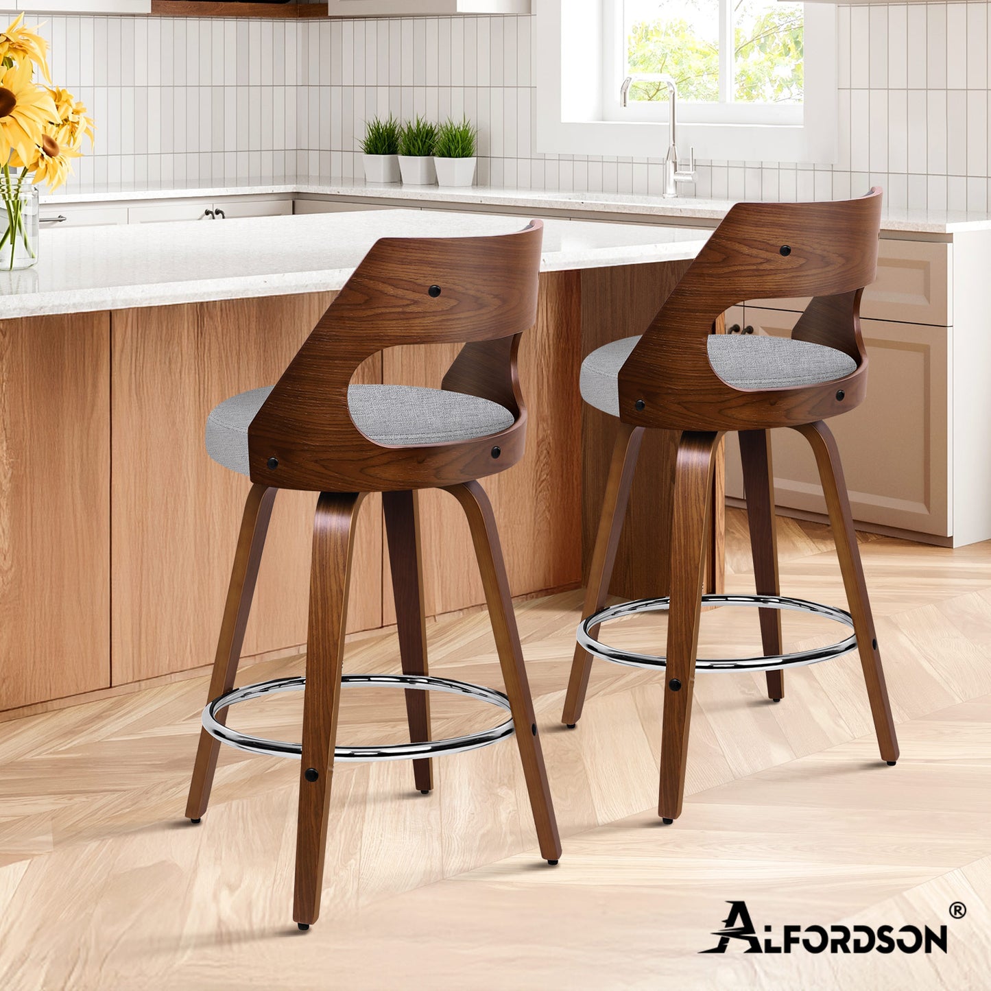 ALFORDSON 2x Swivel Bar Stools Eden Kitchen Dining Chair Wooden LIGHT GREY