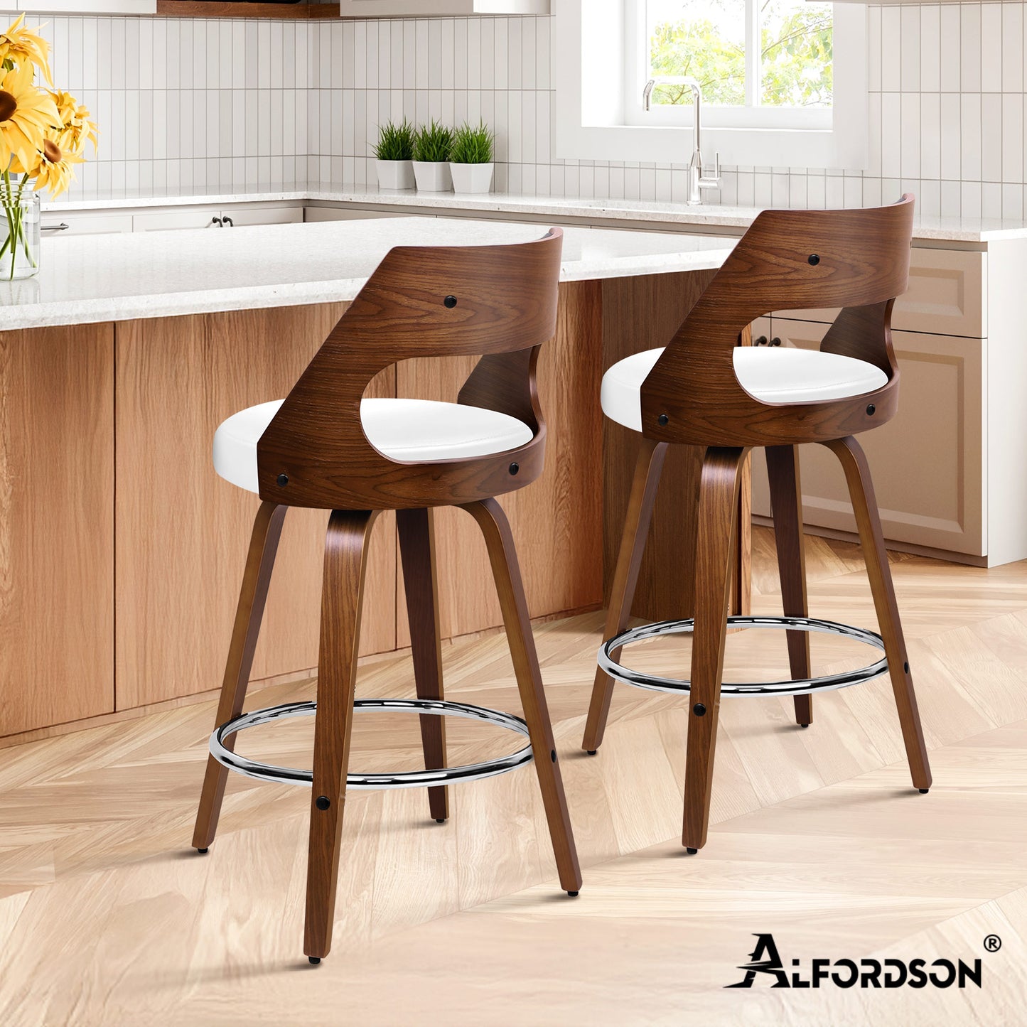 ALFORDSON 2x Swivel Bar Stools Eden Kitchen Wooden Dining Chair WHITE
