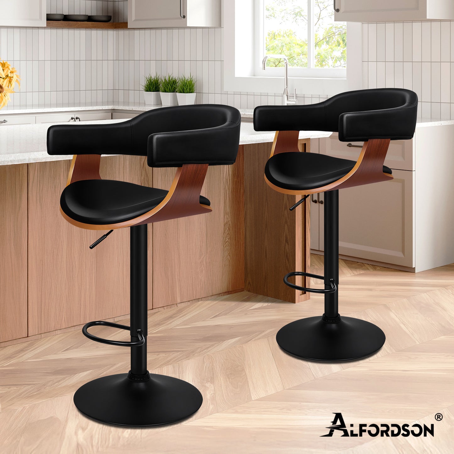 ALFORDSON 1x Bar Stool Joan Kitchen Swivel Chair Wooden Leather Gas Lift