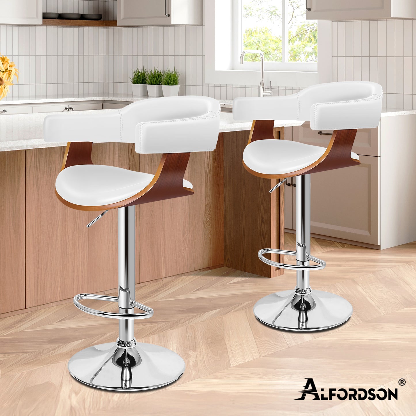 ALFORDSON 1x Bar Stool Joan Kitchen Swivel Chair Wooden Leather Gas Lift White