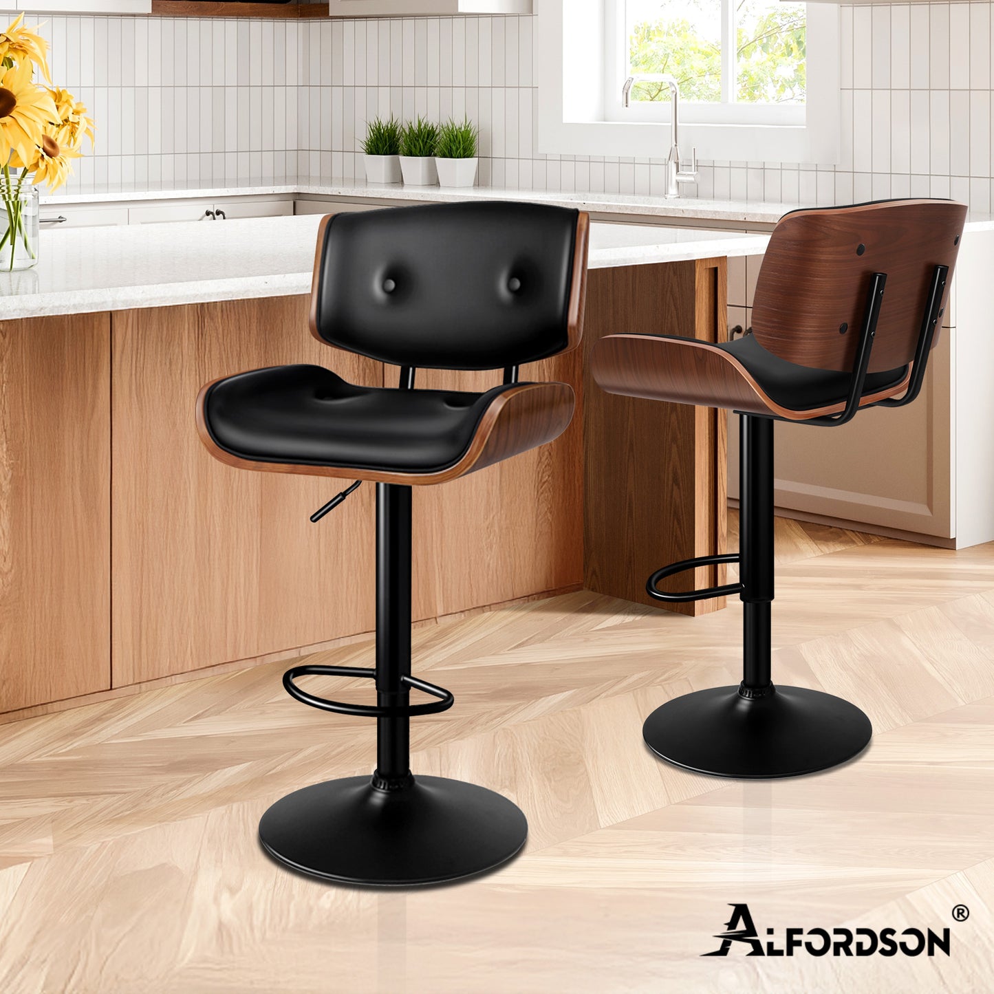 ALFORDSON Bar Stools, Wooden, 360° Swivel PU Leather, Black