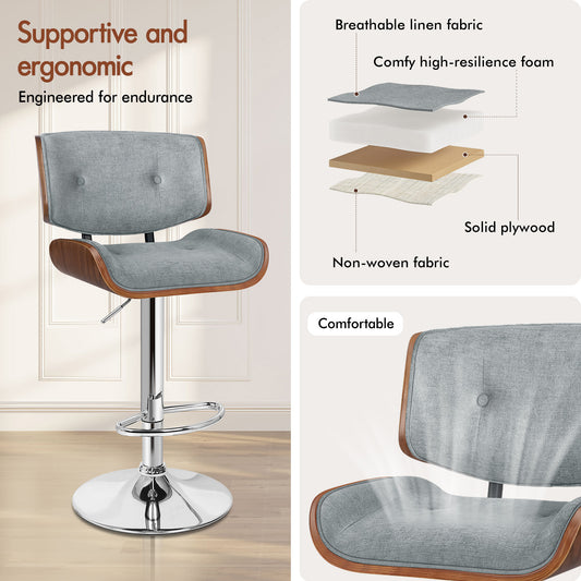 ALFORDSON 2xBar Stools, Wooden, 360° Swivel Linen Fabric, Grey