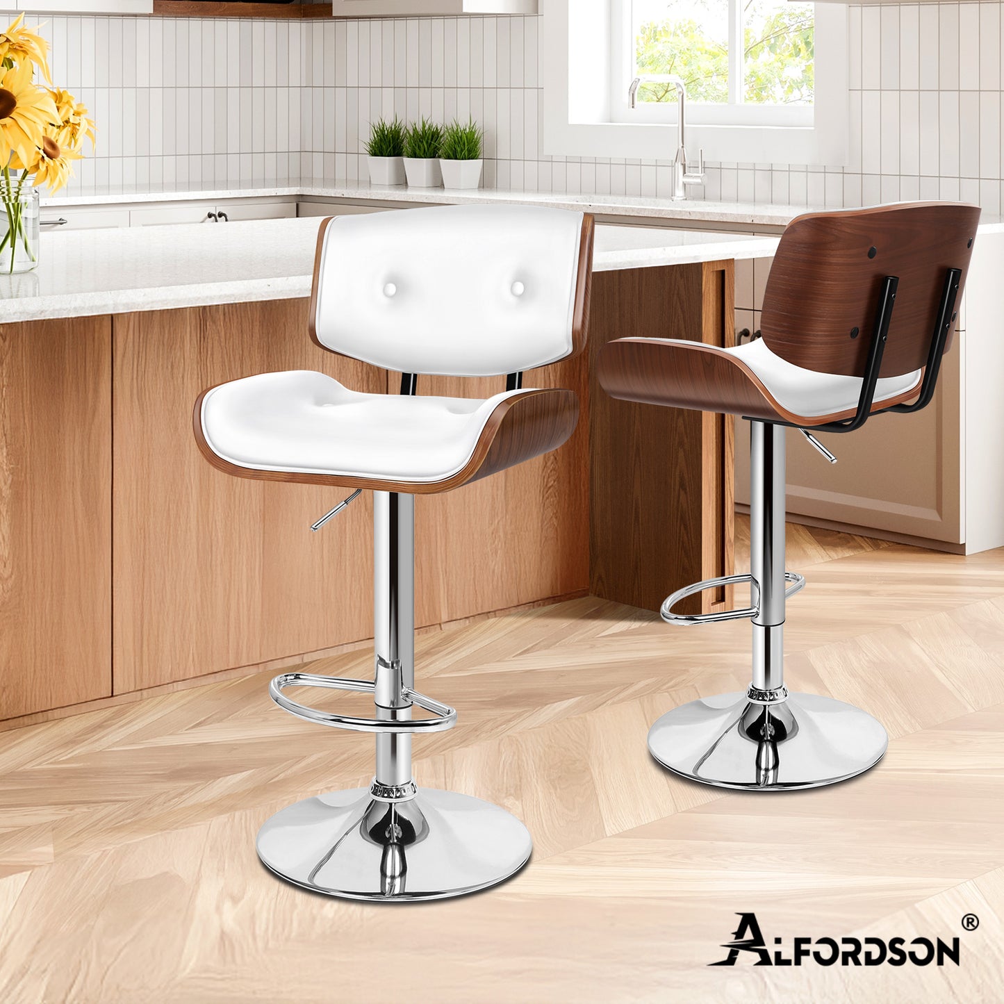 ALFORDSON Bar Stools, Wooden, 360° Swivel PU Leather, White