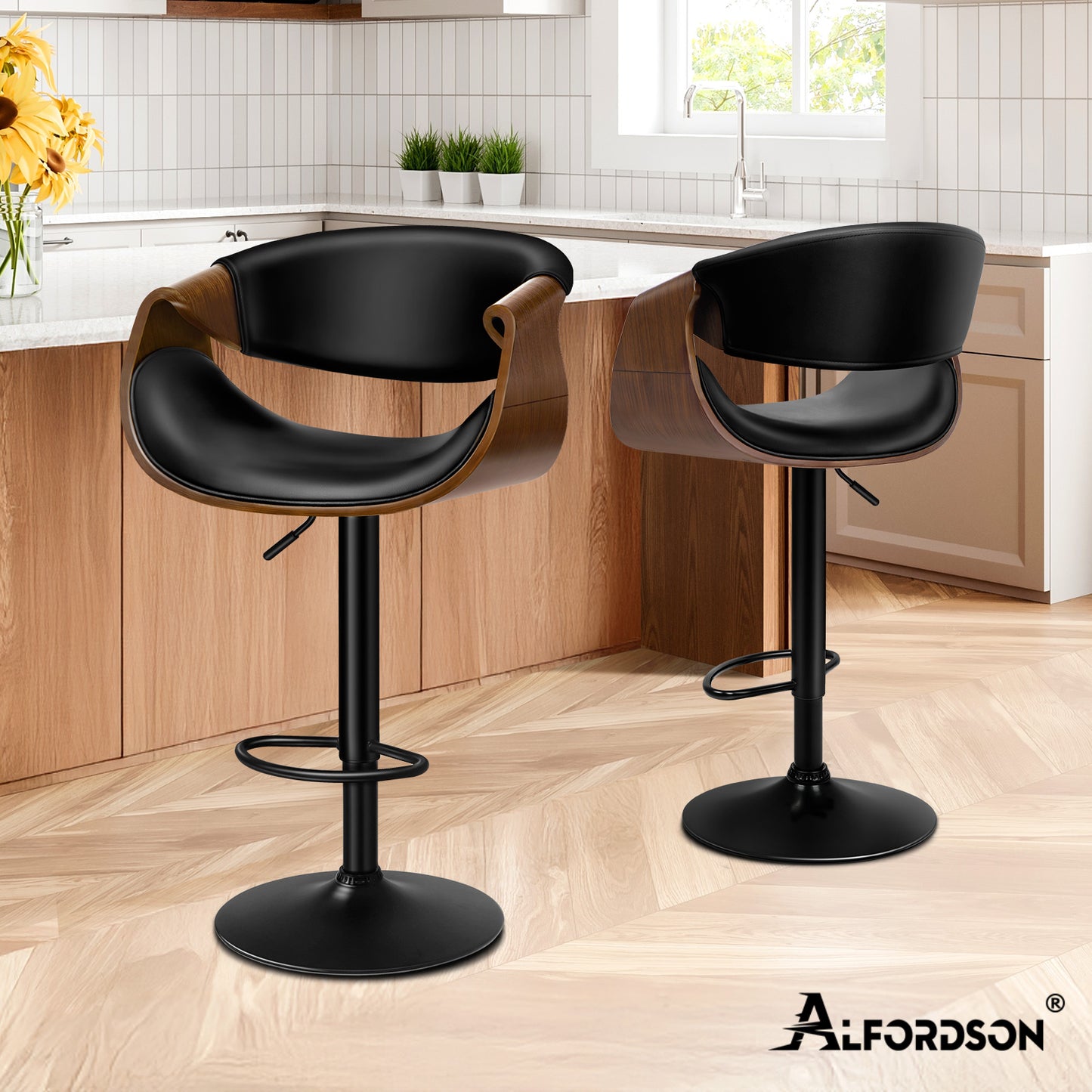 ALFORDSON Breakfast Bar Stools - 360° Swivel, Height Adjustable, Black