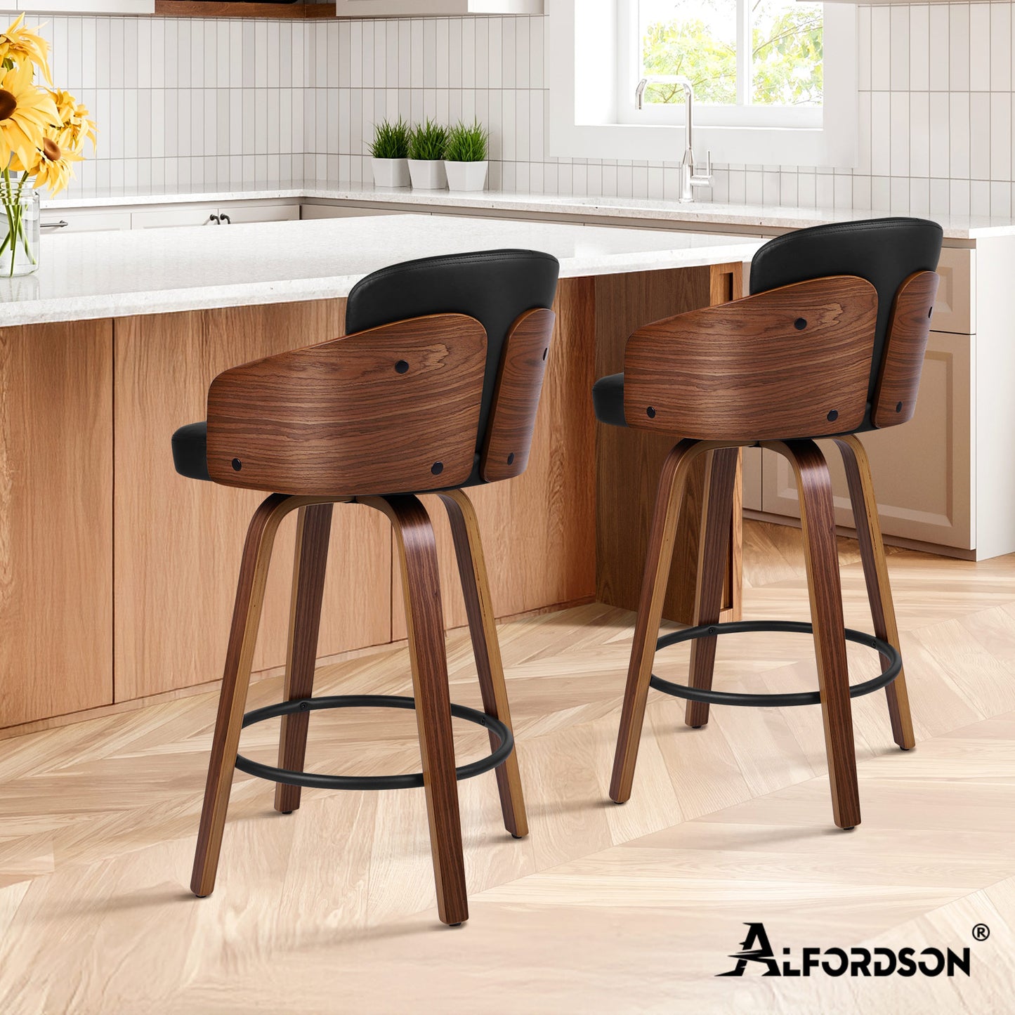 ALFORDSON 2x Swivel Bar Stools Alice Kitchen Wooden Dining Chair Black