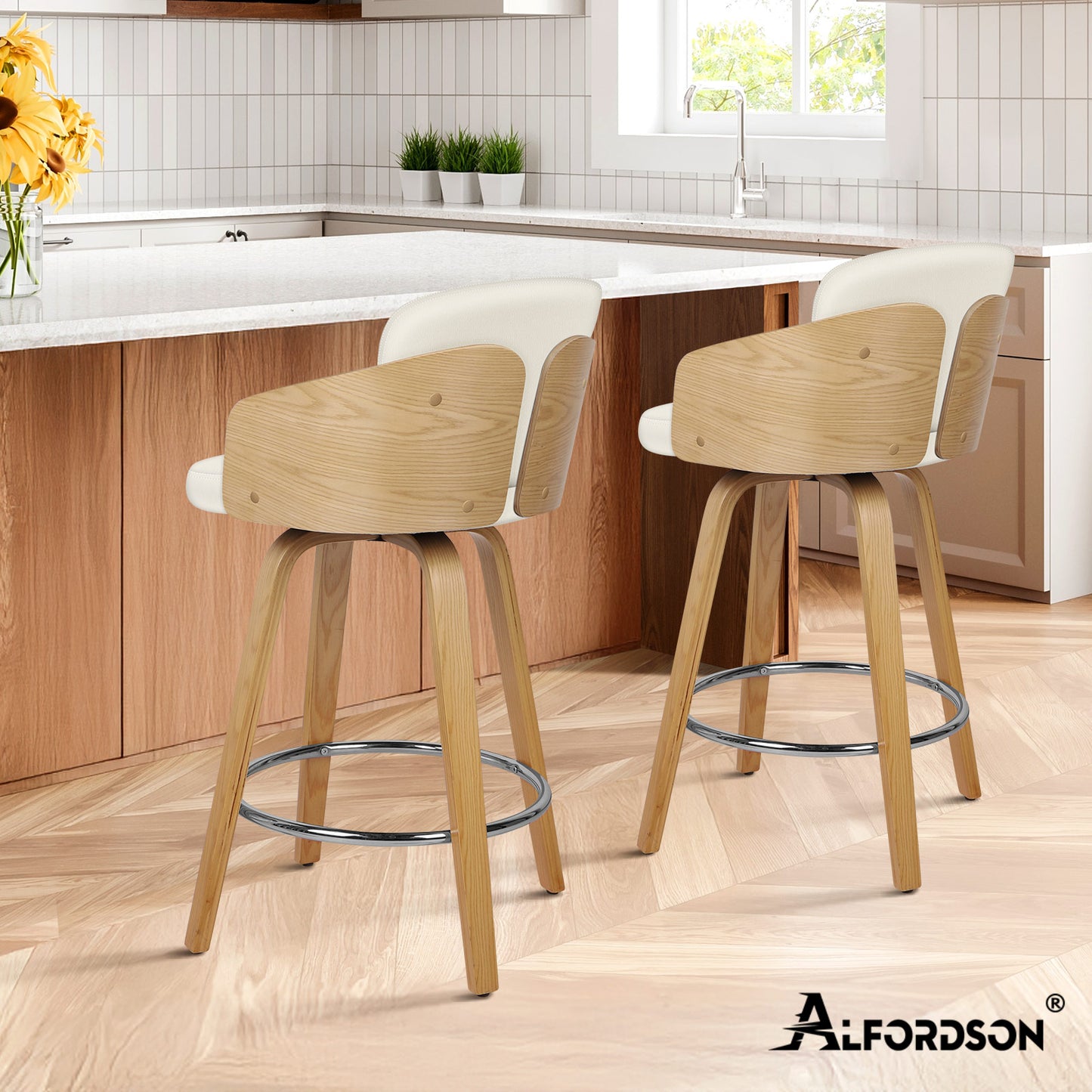 ALFORDSON 2x Swivel Bar Stools Alice Kitchen Wooden Dining Chair White